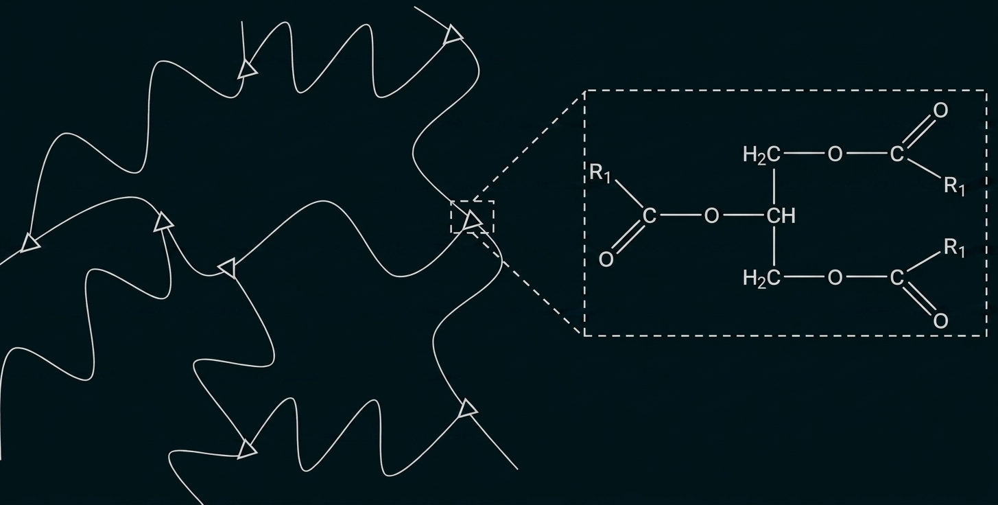 Schematische wellige Polymerkette mit Dreieckmarkern und vergrößertem chemischen Strukturdiagramm einer Esterverbindung